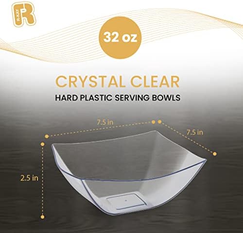 R-kay 6 Pack Square Plastic Serving Bowls - Clear Plastic bowls 32 Oz - Salad Bowls Large Serving, Premium Duty For Weddings Catering And Birthday parties