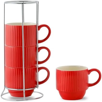 Hasense 12 Oz Coffee Mugs Set of 4 with Rack, Red Stackable Coffee Cups Ceramic, Modern Ribbed Latte Cup Sets for Cappuccino, Tea, Espresso, Hot Cocoa, Drinks - Dishwasher & Microwave Safe