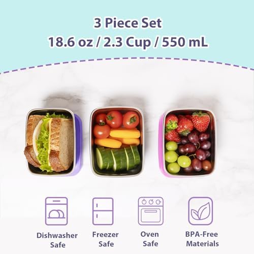 Tanjiae 3-Pack Stainless Steel Snack Containers for Kids & Toddlers - 550ml (18oz) Leakproof Reusable Food Containers with LFGB Certified Lids | Stackable Metal Lunch Box for Daycare, School, Travel