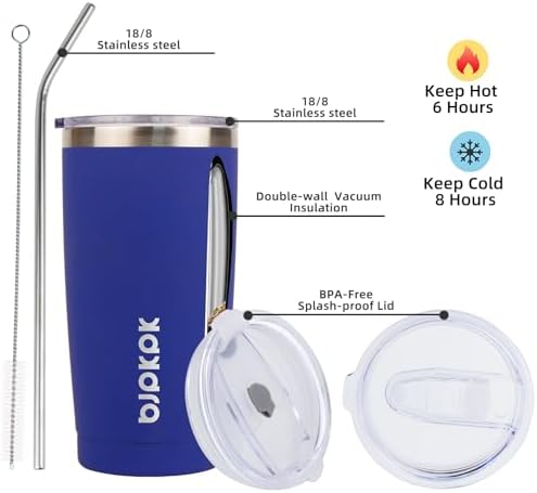 BJPKPK 20 oz Coffee Tumbler with Lid, Straw, Insulated Stainless Steel Mug