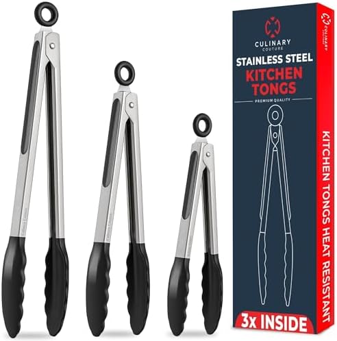 Kitchen Tongs - 12, 9 & 7 Inch Locking Silicone Tongs for Cooking, Set of 3