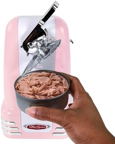 Nostalgia Retro Electric Can Opener for Kitchen with Magnetic Lid Remover, Knife Sharpener, and Soda or Beer Bottle Opener, Pink