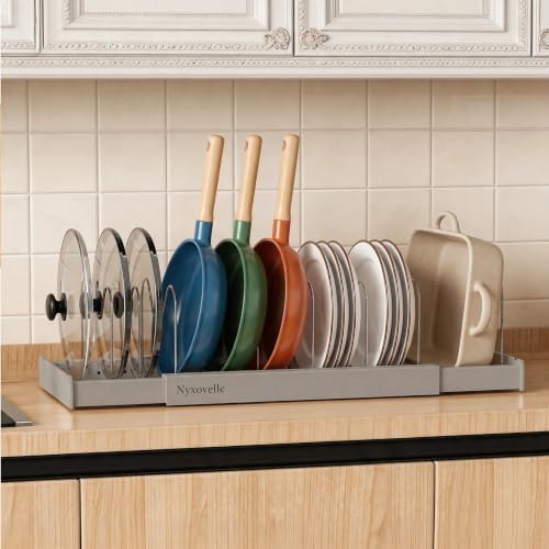 Pots and Pans Organizer under Cabinet, Expandable Adjustable Pot Lid Organizer Rack with 9 Stainless Steel Dividers, Food Storage Container Lid Holder for Kitchen Countertop Storage (Gray)