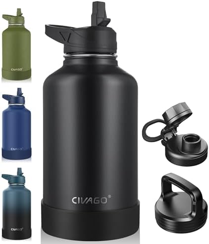 CIVAGO 64 oz Insulated Stainless Steel Water Bottle With Straw and 3 Lids