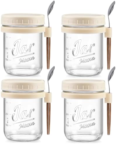 LANDNEOO 4 Pack Overnight Oats Containers with Lids and Spoons, 16 oz Glass Mason Jars with Airtight Lids, Overnight Oats Jars for Milk, Cereal, Fruit-Beige