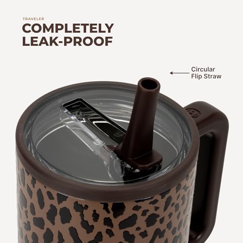 HydroJug Traveler 40oz, Insulated Tumbler with Handle & Straw, Brown Leopard