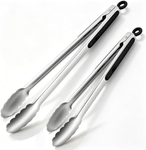 Grill Tongs, BBQ tongs - 12" & 17" Extra Long Kitchen Tong, 600 Degrees Heat Resistant Stainless Steel tong, Heavy Duty Metal Locking Tongs for Cooking, Grilling, Outdoor Barbecue, Set of 2