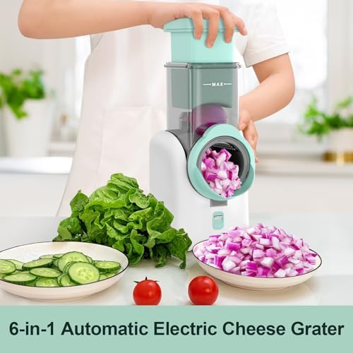 Upgraded Electric Cheese Shredder, Automatic Cheese Grater Electric with 6 Interchangeable Blades, 6 in 1 Electric Cheese Grater for Cheese, Fruits, and Vegetables