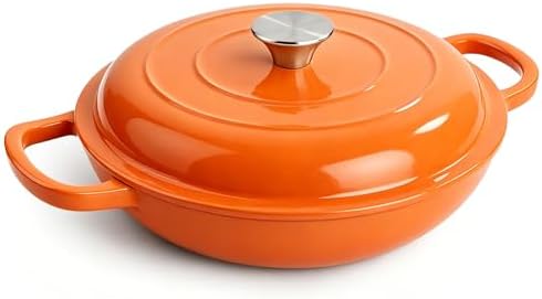 3 Quart Enameled Cast Iron Braiser, Non Stick Enameled Cast Iron Skillet with Lid, Dutch Oven Skillet with lid up to 500°F for Oven, Stove, Grill, Shallow Dutch Oven for Cook, Bake (Orange)