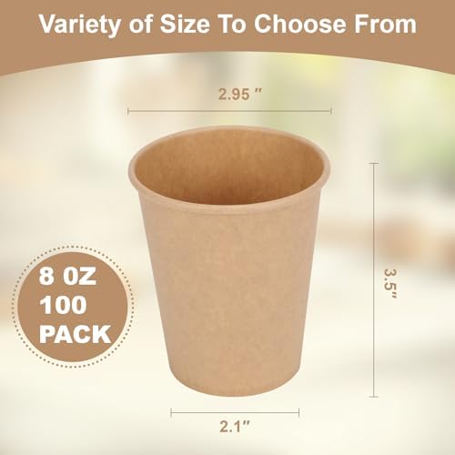 Disposable Cups, 100 Pack 8 Oz Kraft Paper Cups, Paper Coffee Cups, Disposable Cups 8 oz for Hot or Cold Beverage
