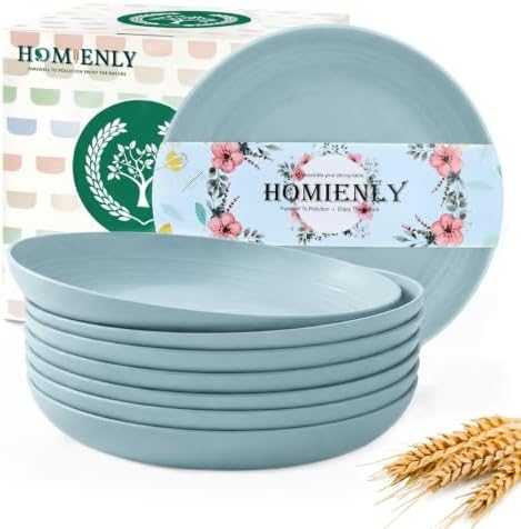 Homienly Wheat Straw Deep Plates 9 Inch Unbreakable & Lightweight Plastic Dinner Plates Alternative for Dessert, Sandwich 8 PCS Microwave & Dishwasher Safe Reusable Plate for Camping, RV-Light Blue