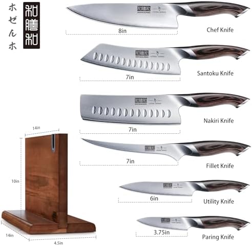 HOSHANHO 7PCS Kitchen Knife Set, Japanese Magnetic Knife Block Set