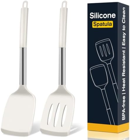 2 Pack Silicone Spatula Set, Solid & Slotted Turner for Non-Stick Pans, High Heat Resistant Silicone Spatula for Cooking, BPA-Free Stainless Steel Cooking Utensils for Fish, Eggs, Pancakes, Beige