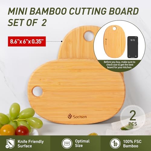 2 Pack Small Bamboo Wood Cutting Board for Kitchen Mini Wooden Chopping Board Lightweight Charcuterie Serving Board Handheld Butcher Block Non-Toxic Chef Set Camping Fruit Housewarming Essentials