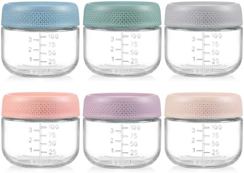 NETANY 6 Pack 4 oz Glass Baby jars with Airtight Lids, Glass Baby Food Storage Containers,Overnight Oats Containers with Lids | Microwave, Dishwasher & Freezer Safe | Includes 10 Labels