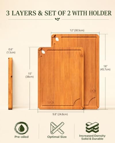 Extra Large and Large Cutting Board Set of 2, Bamboo Non Toxic Cutting Board Set with Deep Juice Groove Side Handles, Wood Cutting Boards for Kitchen,Charcuterie, Meat, Vegetables and Fruit