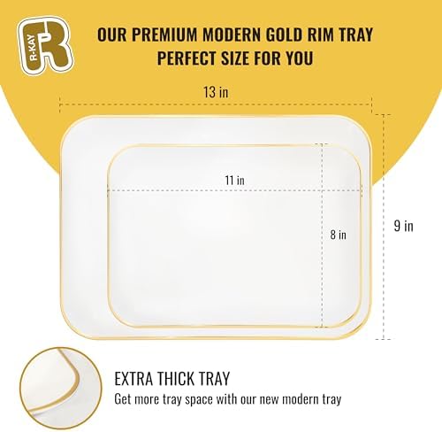 R-kay 3 Pack Plastic Serving Trays for Party - White and Gold Tray 8 by 11 in Heavy Duty Dessert Food Rectangular Premium Platters