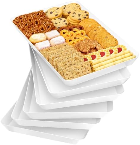 SpaceTrove 6-Pack Serving Tray Set, Reusable Plastic Serving Platter for Party Supplies, Entertaining, Grilling Accessories, Stackable Kitchen Snack Box Container for Dessert, Fruit, Cookie, (White)