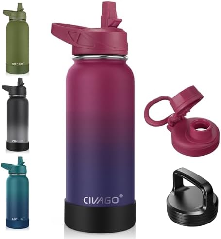 CIVAGO 32 oz Insulated Stainless Steel Water Bottle With Straw and 3 Lids