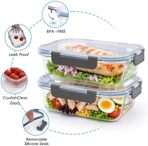 5-Pack 36oz Glass Food Storage Containers with Lids, Grey