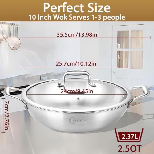 LOLYKITCH 10-Inch Stainless Steel Wok with Lid | 2.5-Quart | Dual Handles