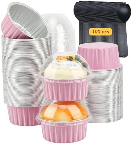 LNYZQUS 5oz Cupcake Pans with Dome Lids 100 Pack, Foil Dot Cake Cups