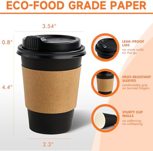 METAPRINT 50 Pack 12 oz Disposable Coffee Cups with Lids and Sleeves,Black