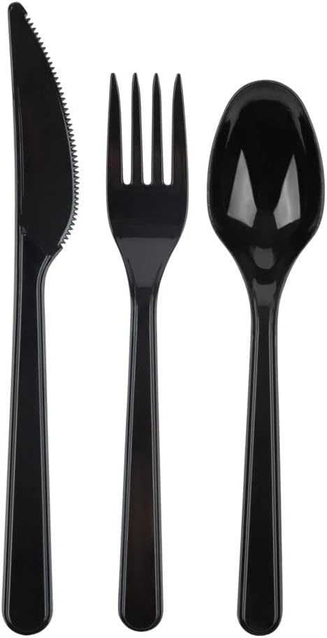 PARTY BARGAINS Onyx Settings Black Plastic Cutlery Set 360‑Piece – 180 Forks, 120 Spoons, 60 Knives – Heavy‑Duty Disposable Utensils for Parties, Weddings, Buffets, BBQs & Catering – BPA Free