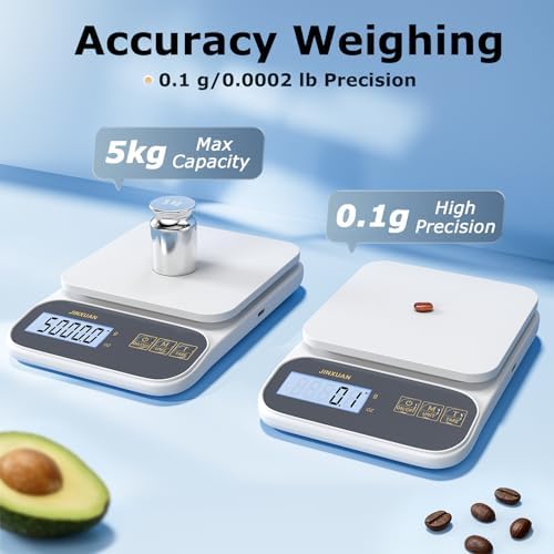 Kitchen Scale 5kg/0.1g Precision Food Scales for Kitchen Digital Scale Grams for Cooking Baking Weight Loss, Rechargeable Coffee Scale Food Weight Scale with Large Backlit LCD Display USB Cord