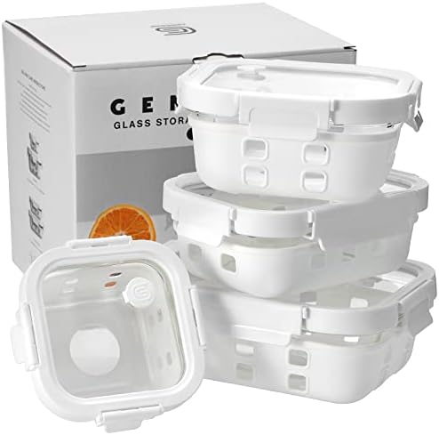 GENICOOK Glass Food Storage Meal Prep Containers - Food Grade Silicone Wrap & Air Release Vent, Rectangular shape - 8 Pc Set (4 Containers - 4 Matching Lids)
