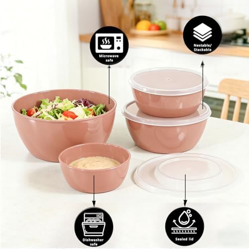 4-Piece Classic Plastic Prep Bowls with Lids, Nesting Plastic Small Mixing Bowl Set for Mixing, Baking, Prepping, Cooking and Serving Food, Microwave and Dishwasher Safe (Light pink)