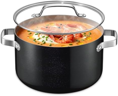 Bakken 8.5 Quart Ceramic Coated Stock Pot with Lid, Easy Clean Nonstick Pot, Tempered Glass Lid, Riveted Stainless Steel Handles, Oven Safe Up To 500°F, PTFE & PFAS Free, All Stove Compatible, Black