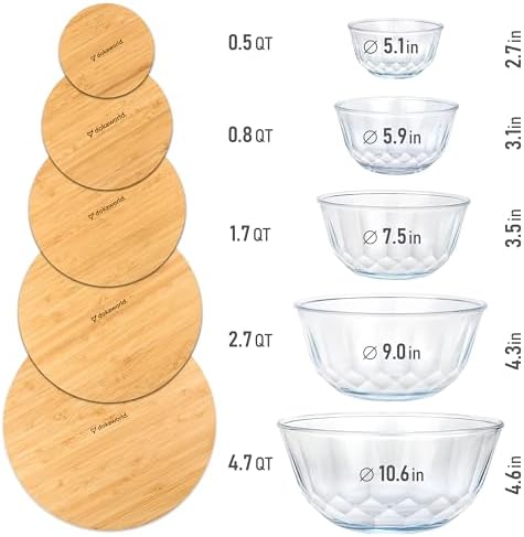 Large Stackable Glass Mixing Bowls with Bamboo Lids Set of 5