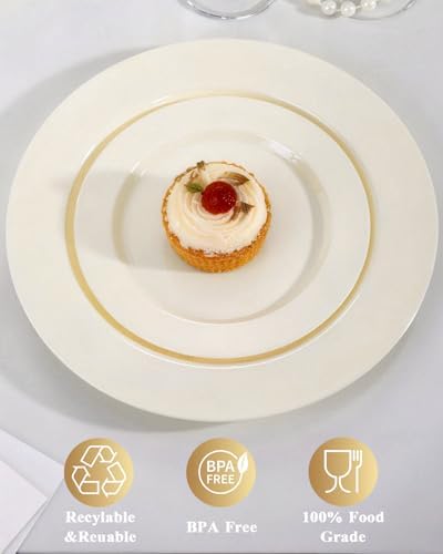 Goodluck 200 PCS Ivory Plastic Plates, Heavy Duty Disposable Ivory Plates with 100 10.25 inch Dinner Plates and 100 7.5 inch Dessert Plates for Party, Holiday, Wedding