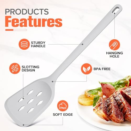 Silicone Spatula Set of 2 Pack, Heat Resistant Solid&Slotted Turner (GRAY)