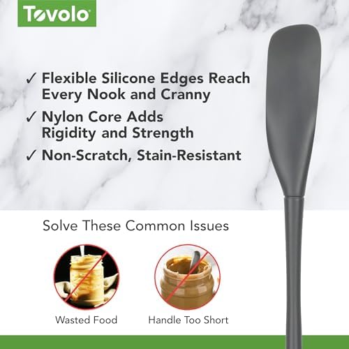 Tovolo Silicone Jar Spatula Long Handled Rubber Scraping Scooping Tool for Peanut Butter Jam Jelly Jars Blenders, Extra Long Flex Core Silicone Jar Scraper Dishwasher Safe BPA Free, Charcoal Gray