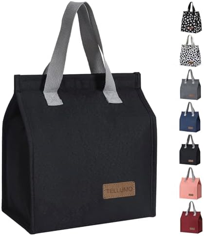 TELLUMO Insulated Lunch Bag for Men Women, Large Reusable Leakproof Lunch Box Container, Small Portable Thermal Snack Bag, Reusable Travel Office Work Beach Black Cooler Tote Bag for Adults, Black