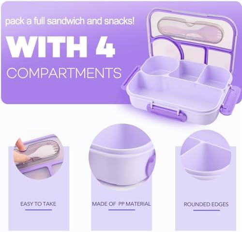 Bento Box for Adults, 4 Compartments Lunch Box, Lunch Containers, Purple