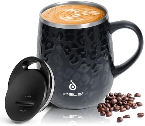 Ideus 16 oz Insulated Coffee Mug with Lid and Handle (Leopard Black)