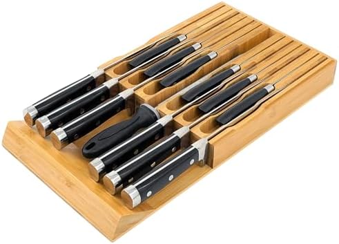 VaeFae Bamboo Knife Drawer Organizer, Knife Drawer Organizer Insert, Kitchen Drawer Knife Block for 12 Knives and a PLUS Slot for your Knife Sharpener (Without Knives)