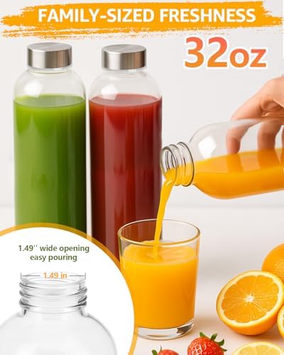 Zukro Clear Glass Water Bottles with Stainless Steel Lids 32 oz, Set of 3