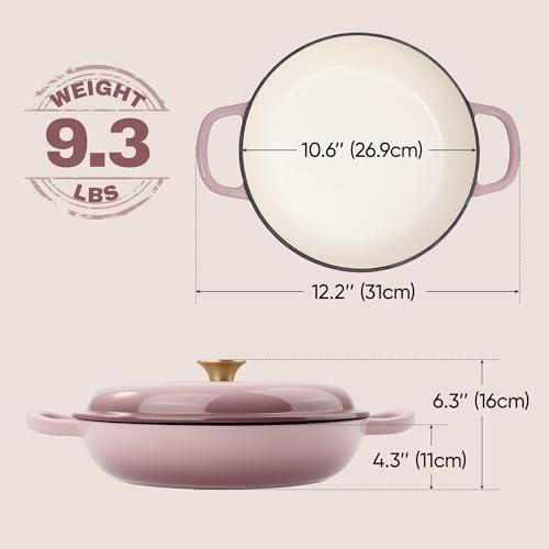 3 Quart Enameled Cast Iron Braiser, Non Stick Enameled Cast Iron Skillet with Lid, Dutch Oven Skillet with lid up to 500°F for Oven, Stove, Grill, Shallow Dutch Oven for Cook, Bake (Pink)