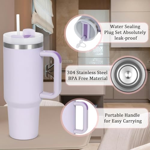 4 Pack 40 Oz Tumbler with Handle Bulk, Double Wall Vacuum Insulated Stainless Steel Tumbler with Lid and Straw, 40 oz cup with Silicone Spill Proof Stopper Set (Cream,Purple,Dark Green,Rose Quartz)