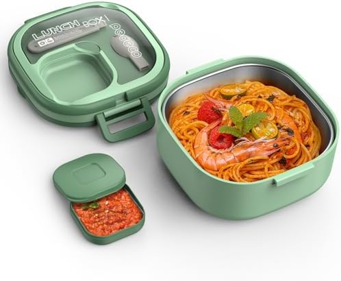 PEDECO Single-Layer Bento Lunch Box for Kids & Adults with Removable Stainless Steel Lunch Container,Dressing Container,BPA-Free,Dishwasher Safe - Includes Utensil(Green,Not Insulated)
