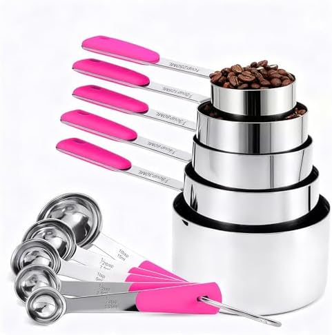 Bopei 10-Pcs Stainless Steel Measuring Cups & Spoons Set, Pink Handles
