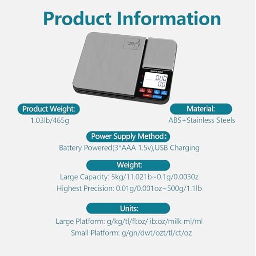 Dual Platform Digital Kitchen Scale, USB Rechargeable, 11lbs/5kg with 0.1g Precision & 500g with 0.01g Precision, with Tare & Accumulation, for Baking, Cooking, Jewelry, and Weight Loss