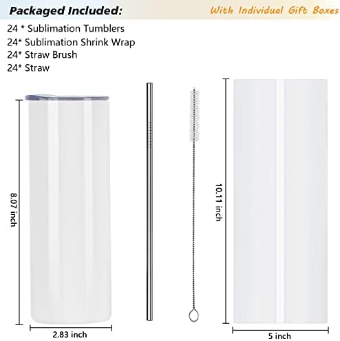 24 Pack Sublimation Tumblers Bulk 20 oz Skinny Straight, Sublimation Blanks Double Wall Stainless Steel Skinny Tumbler with Lid and Straw, Shrink Wrap Film, Individually Boxed, for Heat Press Machine