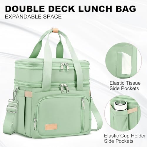 MAPLELILY Lunch Box for Men Women - Double Deck Insulated Lunch Bag, Large Leak Proof Tote Cooler, Wide Open Dual Compartment Lunch Bags with Shoulder Strap, For Work Picnic Hiking Beach, Green