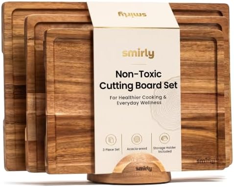 SMIRLY Cutting Boards for Kitchen, 3 Piece Acacia Cutting Board with Stand
