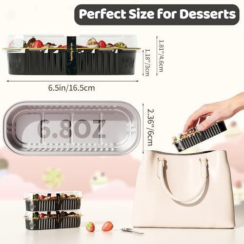100 Pack Mini Loaf Pans with Lids and Spoons, 6.8oz Mini Cake Pans for Baking, Disposable Rectangle Aluminum Foil Small Loaf Baking Pans Cake Tins, Individual Small Cake Containers with Sticker, Black